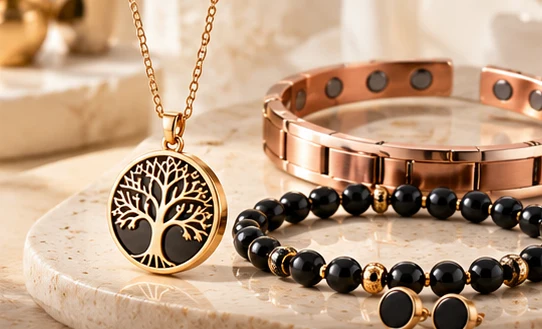 Editorial photograph representing magnetic jewellery